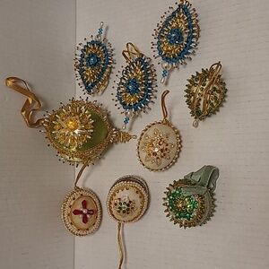 Set of 9 Vintage Handmade Sequin Beaded Stickpin Christmas Ornaments
